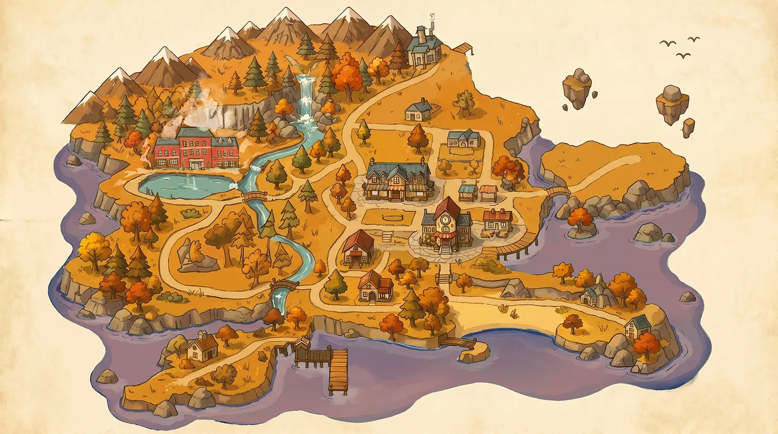 A hand-drawn map of Earendale showing rolling hills, a river valley, scattered cottages, and the surrounding foothills.