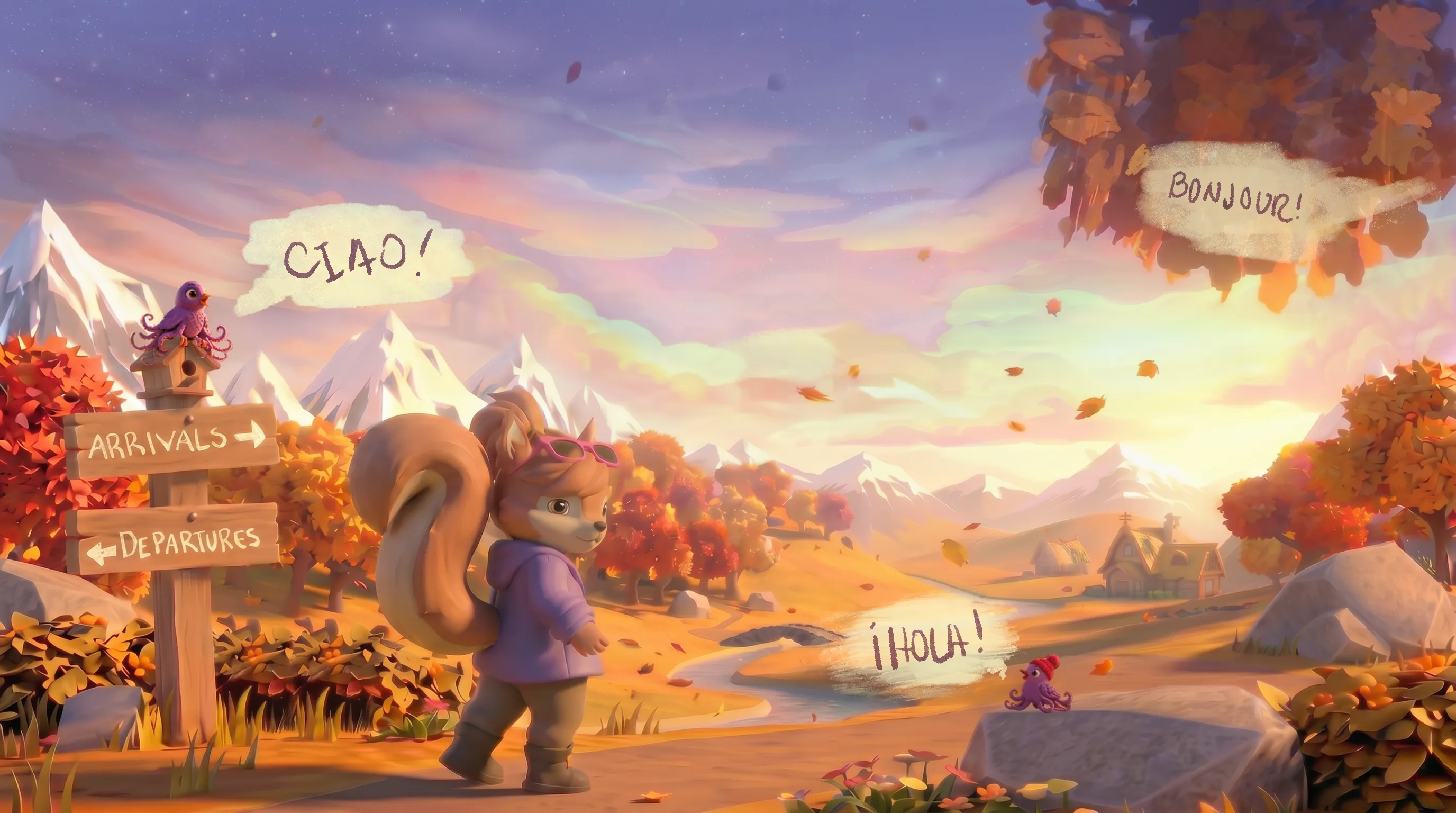 A small squirrel in a purple coat stands on a winding path beside a wooden signpost pointing to Arrivals and Departures. A tiny owl on the birdhouse calls 'Ciao!', a creature in the foliage calls 'Bonjour!', and another behind a rock calls '¡Hola!' Rolling autumn foothills, cottages, and snow-capped mountains stretch beneath a deep dusk sky.