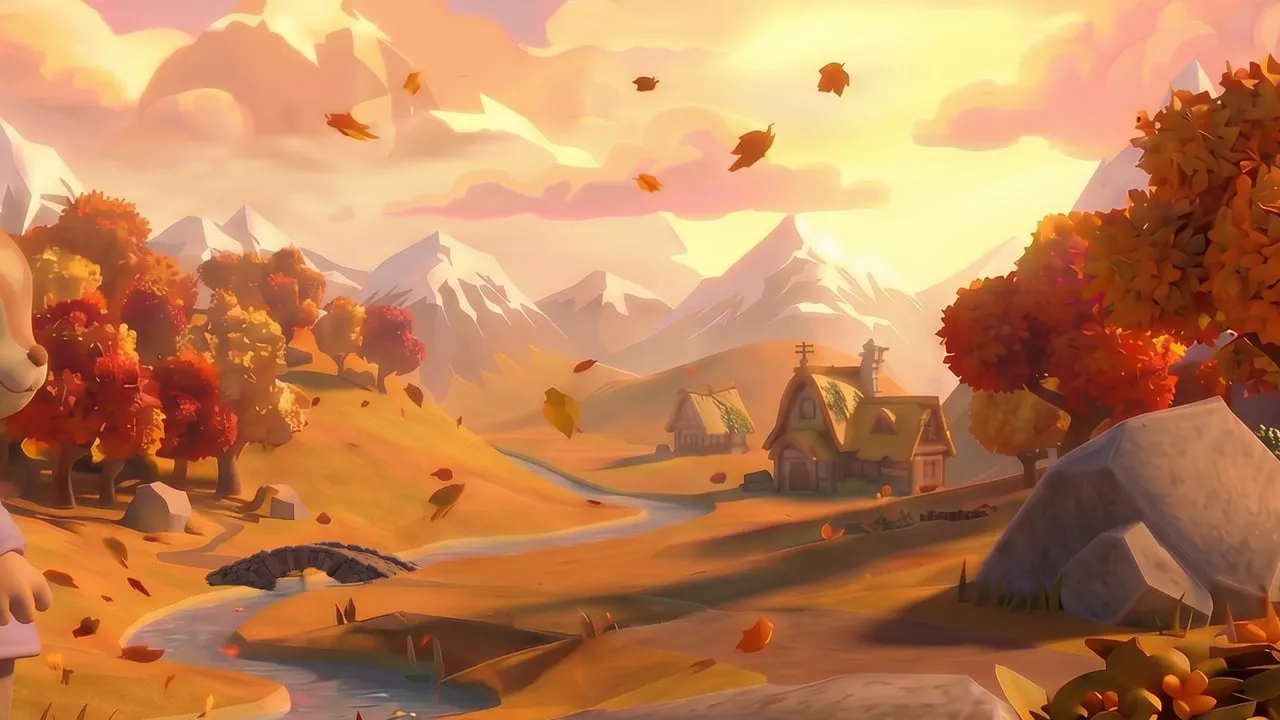 A small cottage beside a stone bridge over an amber river, framed by autumn trees in the Hollow.