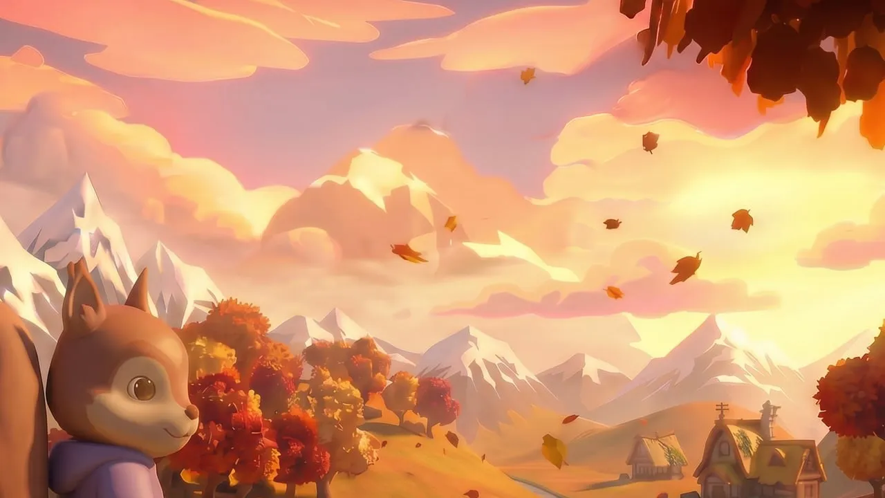 A wide vista of the Hollow's autumn foothills rolling away toward snow-capped mountains under a pink dusk sky.