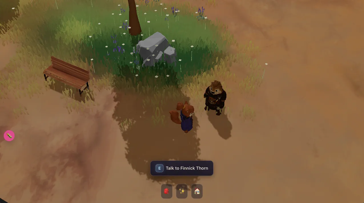 In-game screenshot showing the player character approaching Finnick Thorn in a grassy town square, with a 'Talk to Finnick Thorn' prompt on screen.