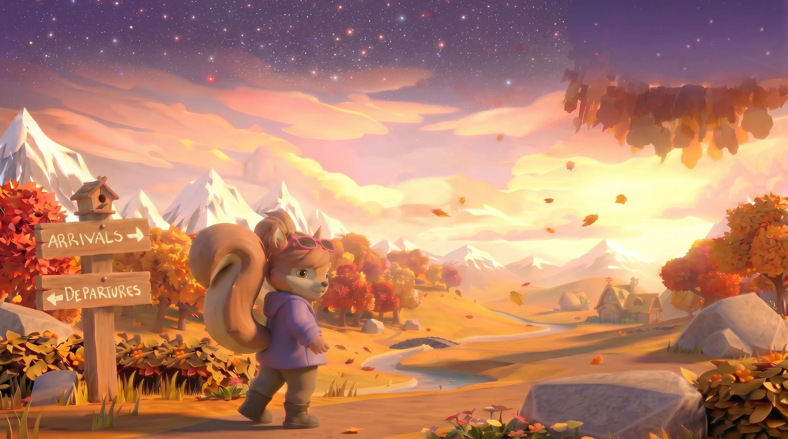 A river winds through the autumn valley toward a stone bridge and a small cottage beneath snow-capped foothills.