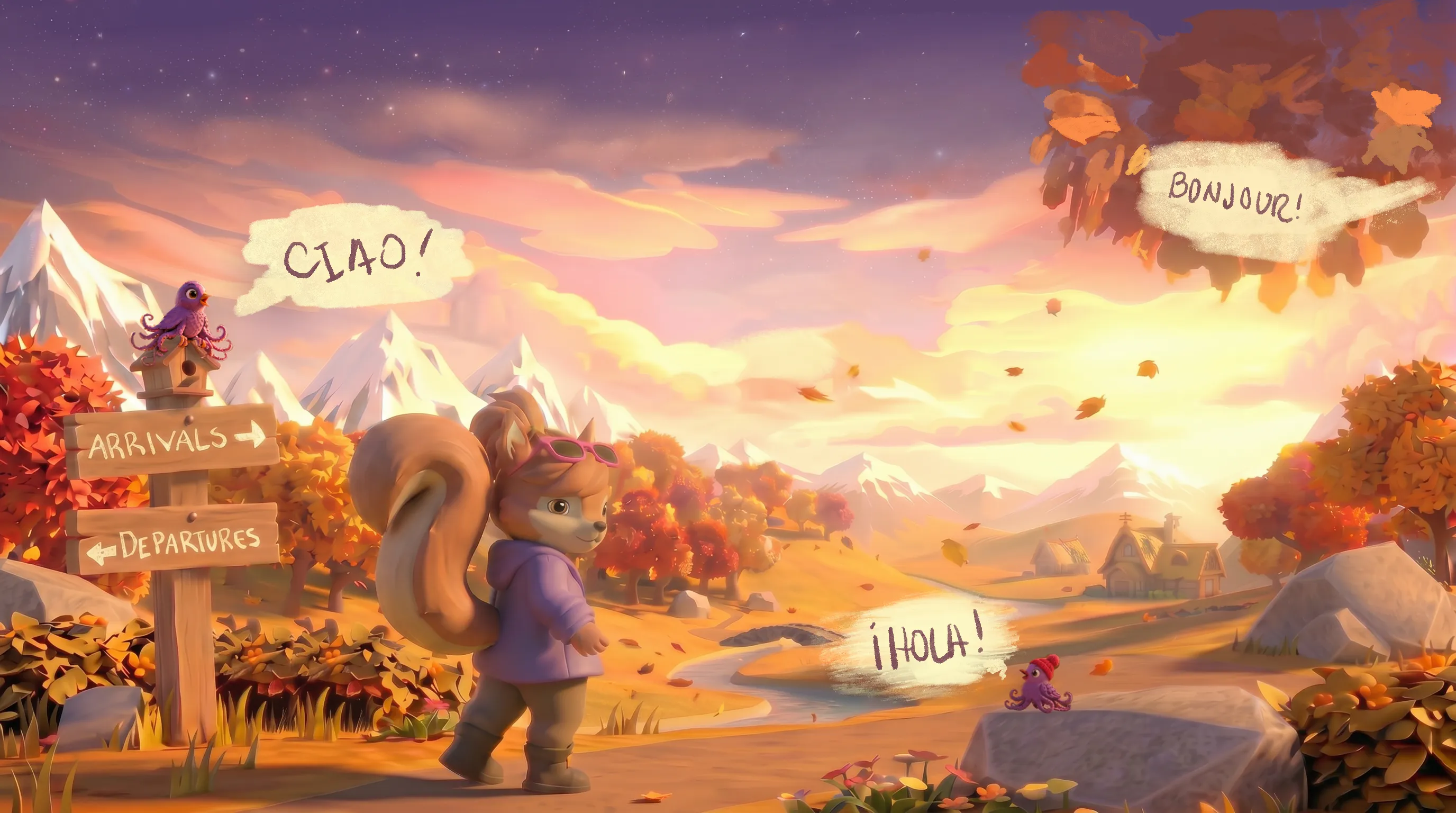 A small squirrel in a purple coat stands on a winding path beside a wooden signpost pointing to Arrivals and Departures. A tiny owl on the birdhouse calls 'Ciao!', a creature in the foliage calls 'Bonjour!', and another behind a rock calls '¡Hola!' Rolling autumn foothills, cottages, and snow-capped mountains stretch beneath a deep dusk sky.